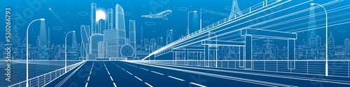 White outlines Infrastructure illustration. Large highway in city. Modern town at blue background, tower and skyscrapers, business building. Plane is flying. Vector design art