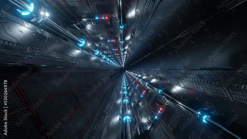 3D rendered spinning animated loop of a spaceship background in space station. Futuristic interior corridor with blue neon lights walls. Hyperrealistic spin seamless lopped animation tunnel