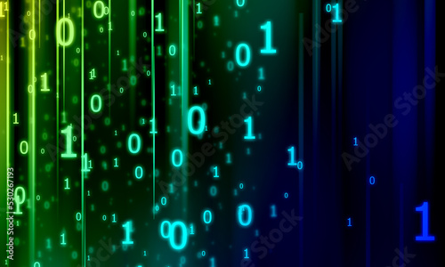 binary code. Neon Numbers on a dark background with a gradient blur. Neon, coding, new technologies, future, computer, digital background. High quality photo