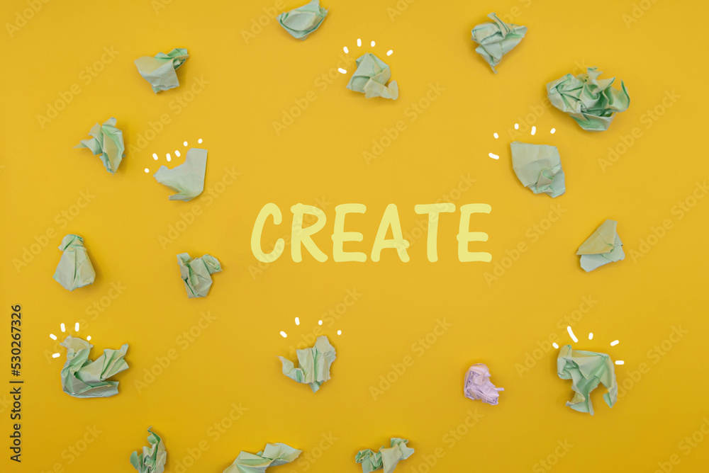 Crumpled balls of paper on yellow background. Top view create text. Minimalistic seo concept Crumpled balls of paper on yellow background. Top view create text. Minimalistic seo concept