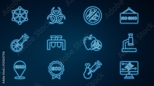 Set line Genetic engineering modification, Microscope, Stop GMO, Test tube and flask, Genetically modified orange, apple and Biohazard symbol icon. Vector