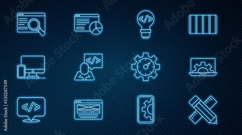 Set line Crossed ruler and pencil, Web development, Front end, Monitor mobile, UI UX design, Website statistic and icon. Vector