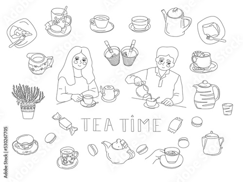 Big doodle set with tea time items. Man woman with cup of tea, teapots, cakes, milk jug, kettle, candy, tea bags, tea to go, cafe interior. Vector illustration.