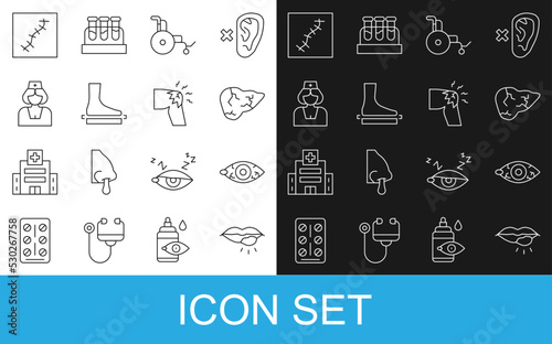 Set line Herpes lip, Reddish eye, Hepatitis virus, Wheelchair, Flat foot, Nurse, Scar with suture and Joint pain, knee pain icon. Vector