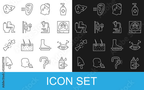 Set line Eye drop bottle, Insomnia, Lungs x-ray, High human body temperature, IV bag, Constipation, Hepatitis virus and Microscope icon. Vector