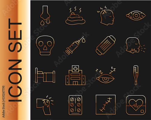 Set line Heart rate, Medical thermometer, Man coughing, having headache, Syringe, Skull, Runny nose and protective mask icon. Vector