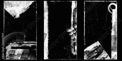 Social media covers with tiny roughen border frames and screen print textures . . grunge style . Post frame stories templates. Layout for promotion .Media banner .Vector 