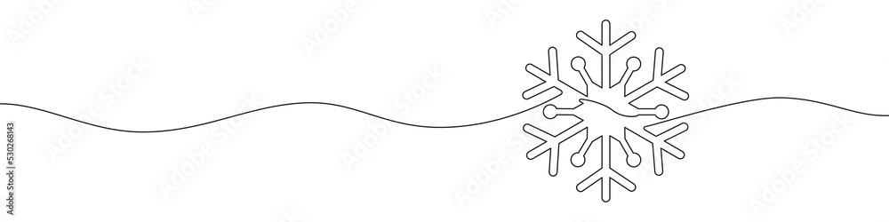 Vector continuous one single line drawing of snowflake Christmas decoration in silhouette on a white background. Linear stylized vector illustration. Vector continuous one single line drawing of snowflake Christmas decoration in silhouette on a white background. Linear stylized vector illustration.