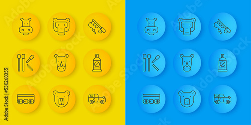Set line Hunting cartridge belt, Matches, Rhinoceros, Off road, Spray against insects, Hippo or Hippopotamus, Fishing rod and Monkey icon. Vector