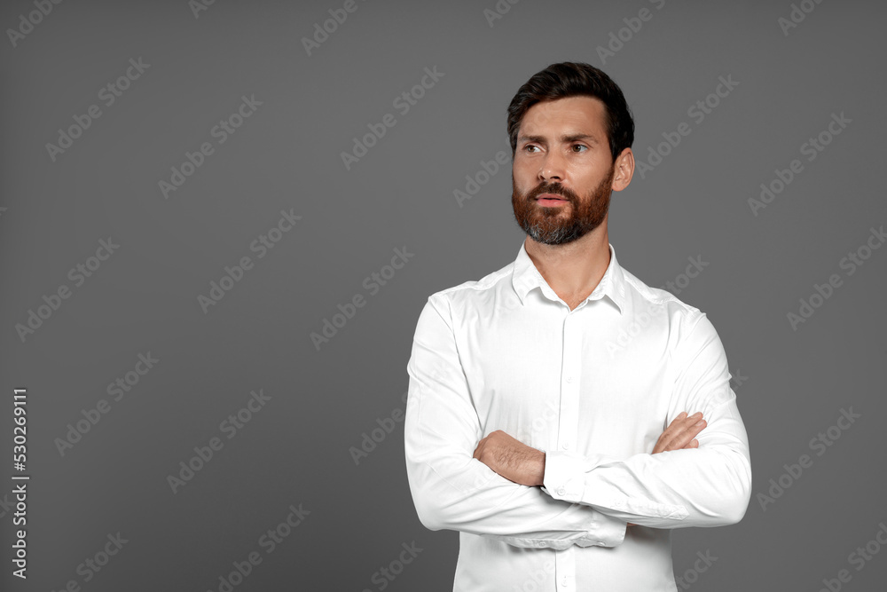 Portrait of handsome bearded man on grey background, space for text Portrait of handsome bearded man on grey background, space for text