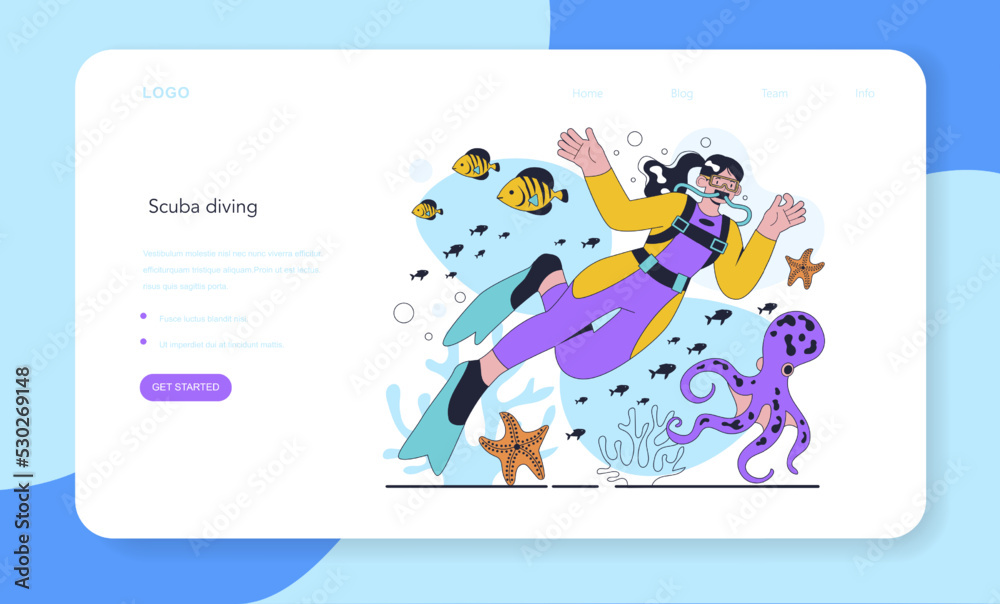Fototapeta premium Diver web banner or landing page. Scuba divers swimming