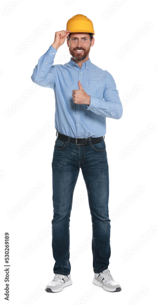 Professional engineer in hard hat showing thumb up isolated on white Professional engineer in hard hat showing thumb up isolated on white