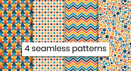 Seamless abstract geometric patterns set in trendy autumn colors. Colorful background for home decor, textile, fall decoration, wallpaper and wrapping paper.