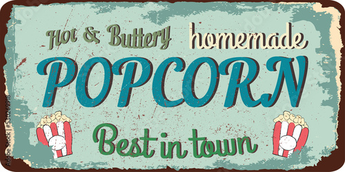 Vintage Popcorn metal sign.Retro poster 1950s style.