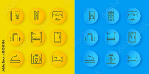 Set line Hotel service bell, Suitcase, room bed, Shower cabin, Telephone handset, Five stars rating review and building icon. Vector