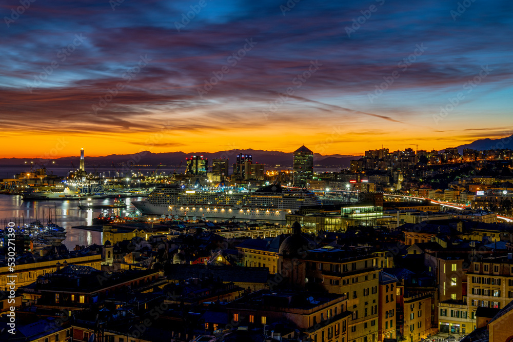 GENOA, ITALY, JANUARY 28, 2022 - View of the port of Genoa at sunset, Italy.