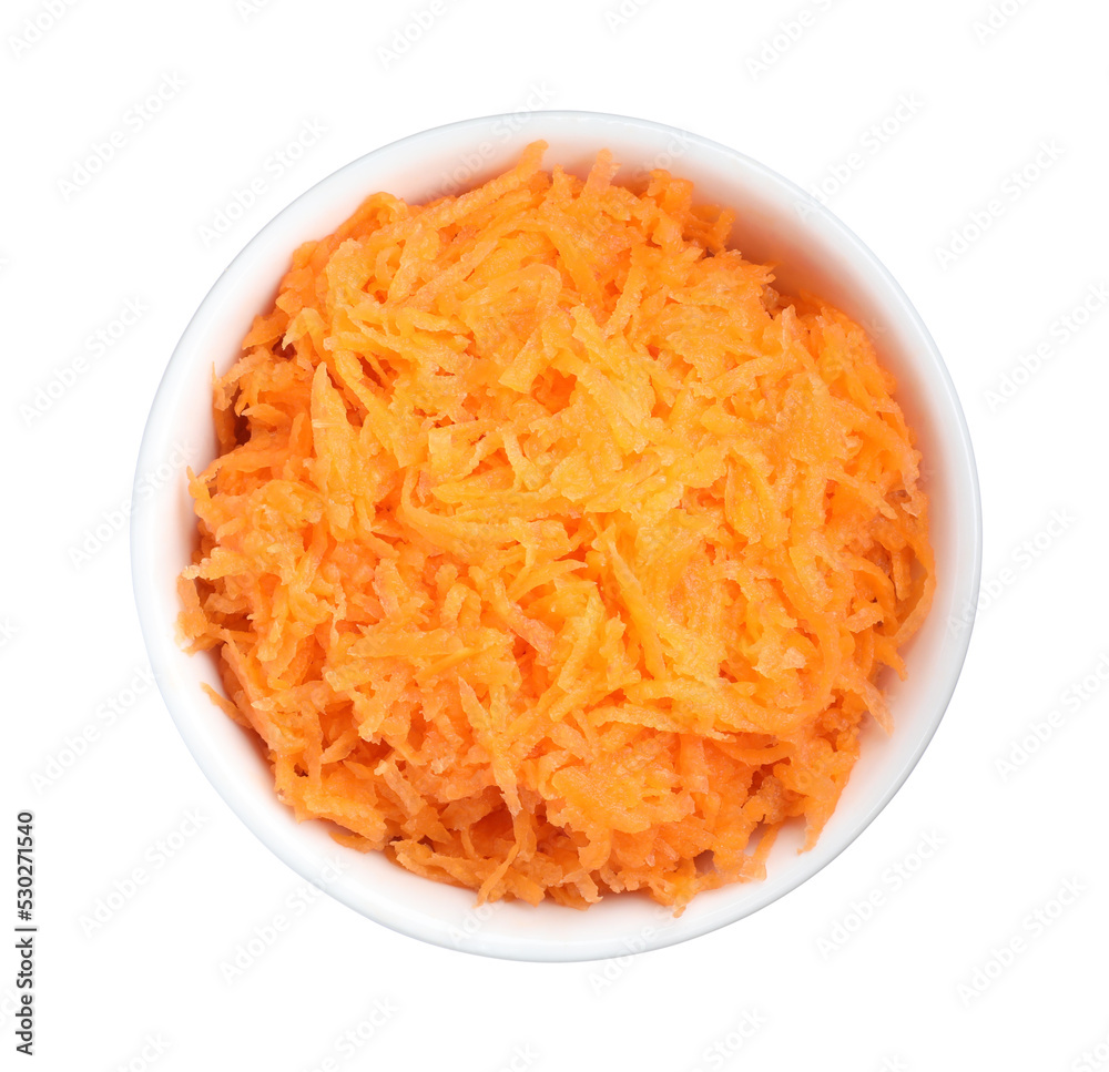 Fresh grated carrot in bowl isolated on white, top view