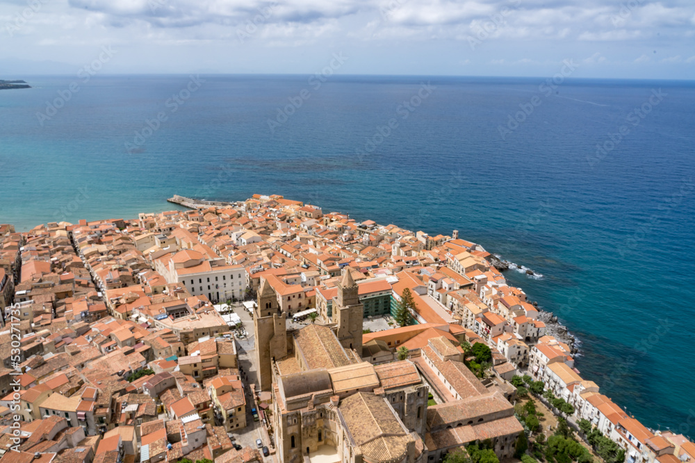 Aerial view of the majestic city of Cefalu in Sicily, southern Italy.