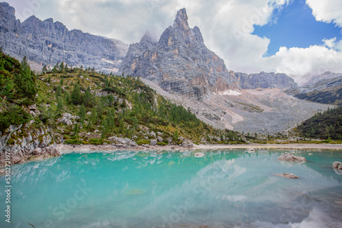 View of Sorapis Lake in the Dolomites, Belluno province, Italy.