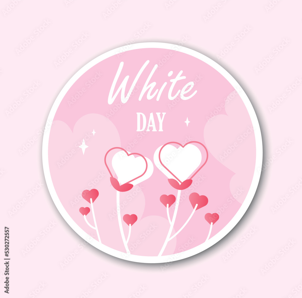 White day label. Social media sticker, badge for bags. Red and white hearts on sticks, gift, present and surprise for loved ones. Greeting card, element for website. Cartoon flat vector illustration