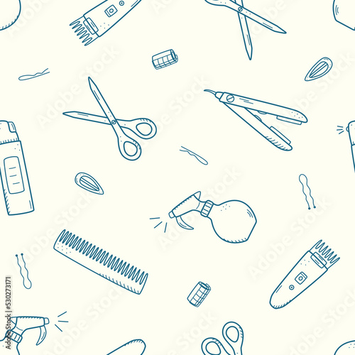 Set of hairdressing elements, seamless pattern of doodle icons for hair care. Vector illustration background wallpaper.