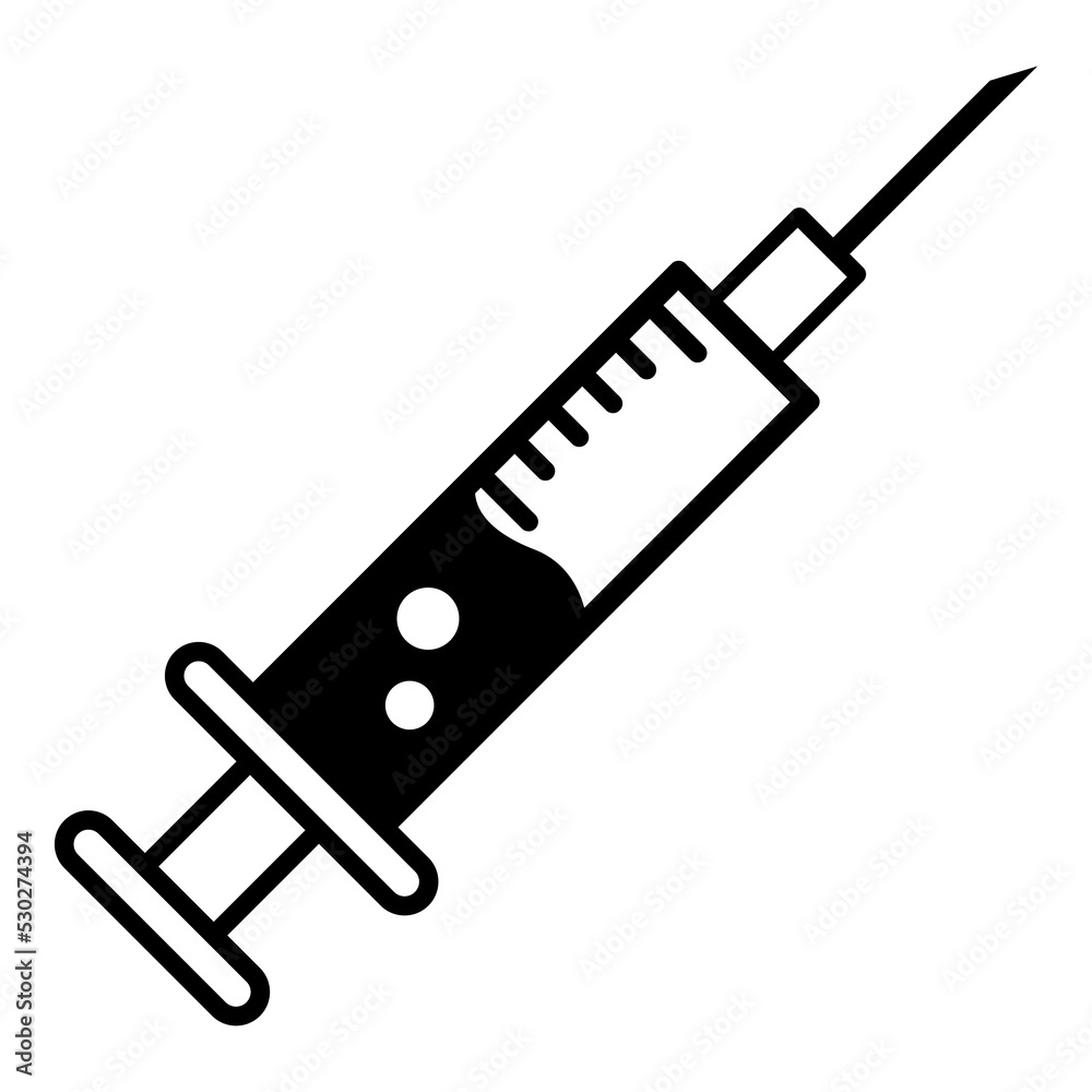 Símbolo vacunación. Silueta aislada de jeringa con aguja hipodérmica con dosis de farmaco Símbolo vacunación. Silueta aislada de jeringa con aguja hipodérmica con dosis de farmaco