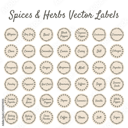 Spices and herbs vector label set for kitchen jar. Spice circle vintage stickers.