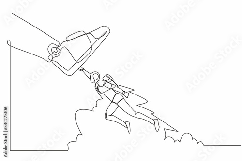 Single continuous line drawing robot flying with jetpack against giant shoes stomping. Robot fly up against giant foot step. Robotic artificial intelligence. One line draw design vector illustration