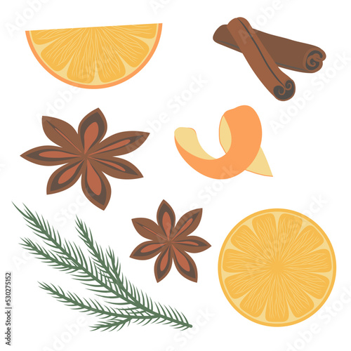 A set of spices cinnamon, anise, orange. Set for mulled wine. Products, drink, spruce branch. Christmas and New Year.