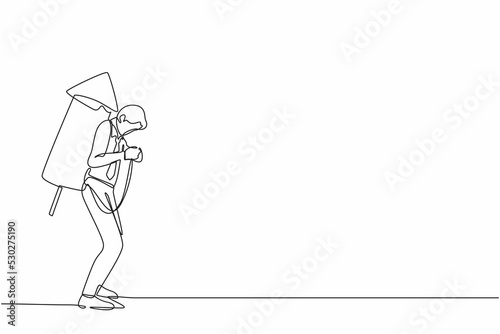 Single one line drawing businessman ignite large firework rocket attached to his back. Young entrepreneur prepare to start running new business. Continuous line draw design graphic vector illustration