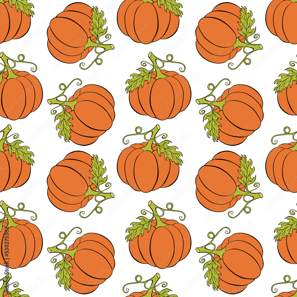 Pumpkin pattern coloring orange and green, white background. Doodle hand drawn. Vector illustration