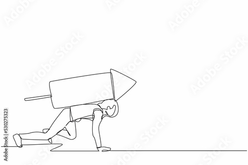 Continuous one line drawing businesswoman prepare to start running with ignite firework. Advantage or skill to boost fast career or business to win competition. Single line design vector illustration