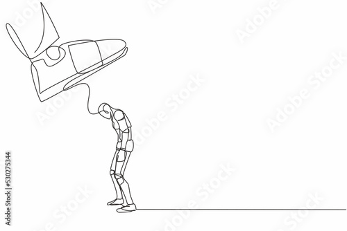 Single one line drawing robot standing weak under huge boot shoe, being fired from company. Future technology development. Artificial intelligence. Continuous line design graphic vector illustration