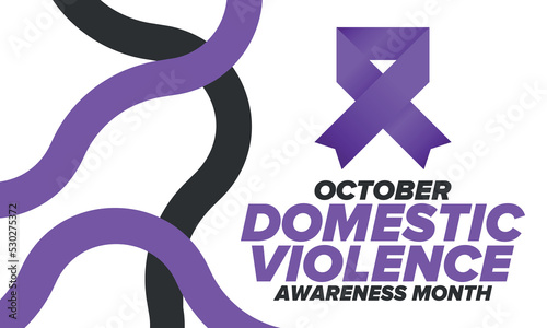 Domestic Violence Awareness Month in October. Celebrate annual in United States. Awareness purple ribbon. Day of Unity. Prevention campaign. Stop women abuse. Poster, banner and background. Vector