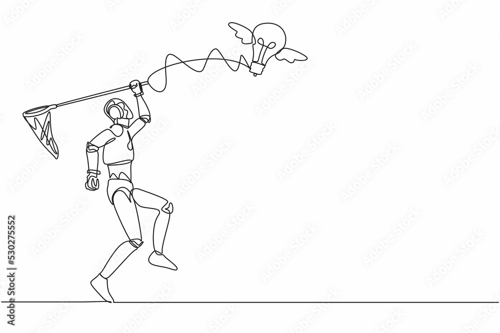 Single one line drawing robot try to catching flying light bulb with butterfly net. Hard to search tech inspiration, creative idea. Machine learning. Continuous line design graphic vector illustration