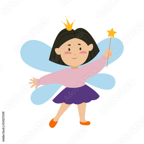 A girl in a fairy costume on Halloween. A child in a carnival costume. Vector illustration in flat style.