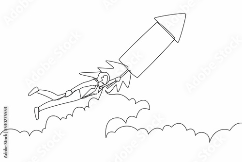 Single one line drawing businesswoman fly on firework rocket while looking at business opportunities. Excited employee searching for project innovation. Continuous line draw design vector illustration