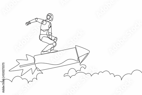 Single one line drawing robot standing astride a rocket and flying through the air. Humanoid robot cybernetic organism. Future robotic development. Continuous line design graphic vector illustration