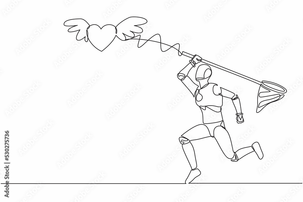Fototapeta premium Single one line drawing robot try to catching flying heart with butterfly net. Love relationship with technology. Future technology. Artificial intelligence. Continuous line design vector illustration