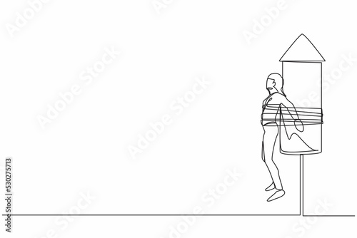 Single continuous line drawing businesswoman being fired and tied to launching rocket, feeling afraid and painful. Fear of financial crisis. Business failure. One line draw design vector illustration