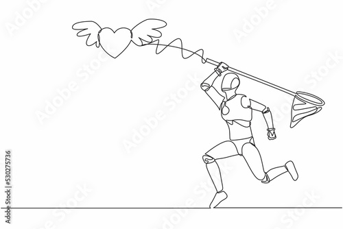 Single one line drawing robot try to catching flying heart with butterfly net. Love relationship with technology. Future technology. Artificial intelligence. Continuous line design vector illustration