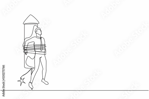 Continuous one line drawing businessman being tied to launching rocket, feeling anxious and scared. Fear of impending disaster. Career failure concept. Single line design vector graphic illustration