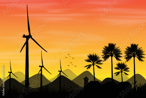 Windmill in the sunset vector illustration. Village scenery with Wind turbines, palm trees and village houses. Windmill illustration. Sunset in village.