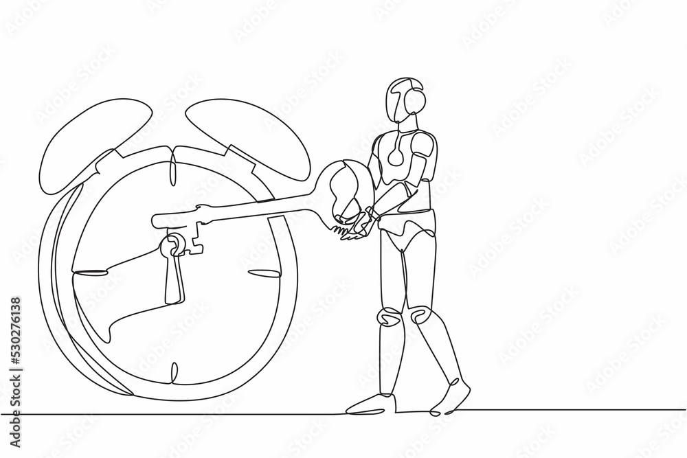 Single one line drawing robot putting big key into alarm clock ...