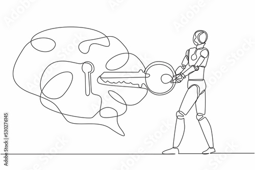 Single continuous line drawing robot putting key into brain. Unlock personality for better healthy. Open mind. Modern robotic artificial intelligence. One line draw graphic design vector illustration