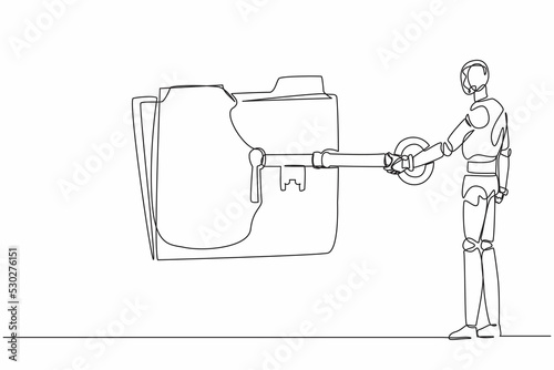Single one line drawing robot put big key into folder. Document protection. Data security. Secret information. Future technology development. Continuous line draw design graphic vector illustration