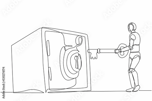 Continuous one line drawing robot putting big key into safety deposit box. Money, gold, securities protection. Humanoid robot cybernetic organism. Single line draw design vector graphic illustration