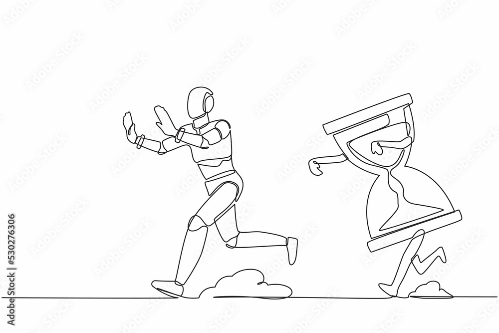 Single continuous line drawing stressed robot being chased by hourglass. Afraid with work deadline, depression. Modern robotic artificial intelligence. One line draw graphic design vector illustration