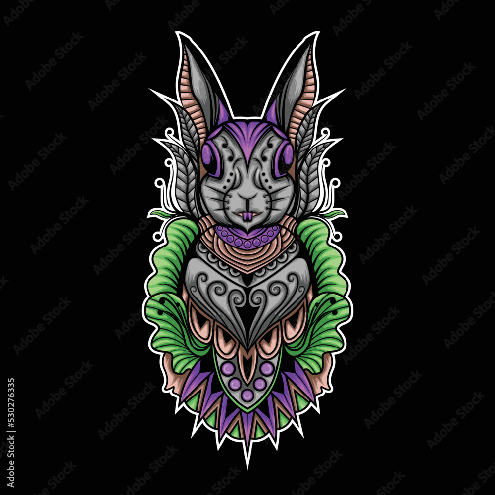 Fototapeta premium Rabbit with colored flower and leaf illustration