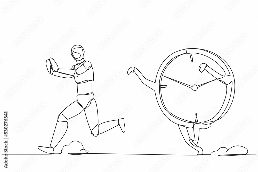 Single continuous line drawing stressed robot being chased by time ...